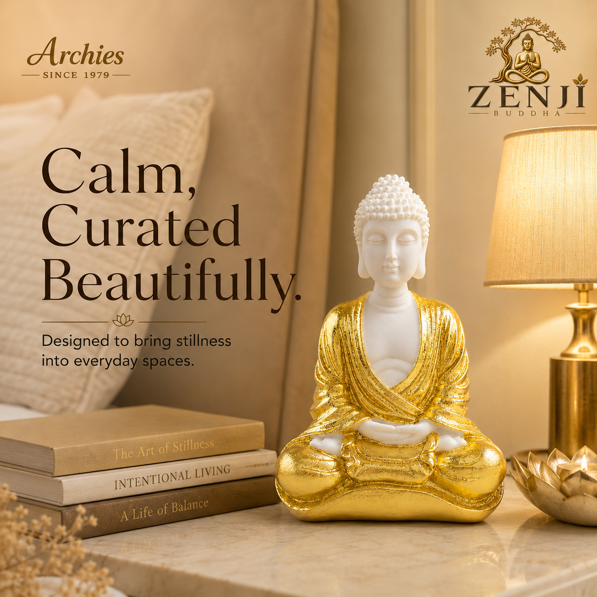 ZENJI Meditating Buddha Statue for Home Decor, Large Decorative Showpiece for Living Room, Office Desk, Meditation Corner, Entryway Console, Shelf Display, Housewarming, Diwali, Pack of 1