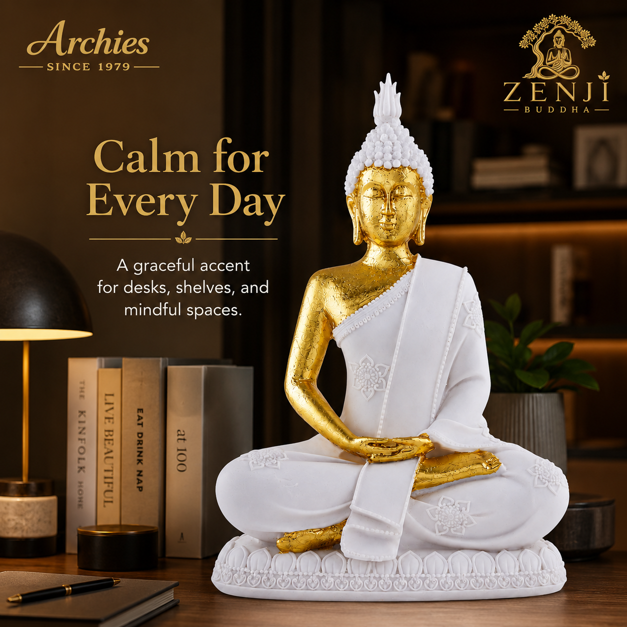 ZENJI Meditating Buddha Statue for Home Decor, Large Decorative Showpiece for Living Room, Office Desk, Meditation Corner, Entryway Console, Shelf Display, Housewarming, Diwali, Pack of 1