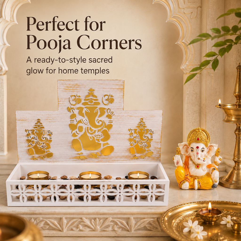 DEVOTION Ganesha Tealight Mandir Set for Home Decor, Extra Large Decorative Pooja Display for Pooja Room, Home Temple, Living Room, Office Desk, Entryway Shelf, Housewarming, Diwali, Pack of 1