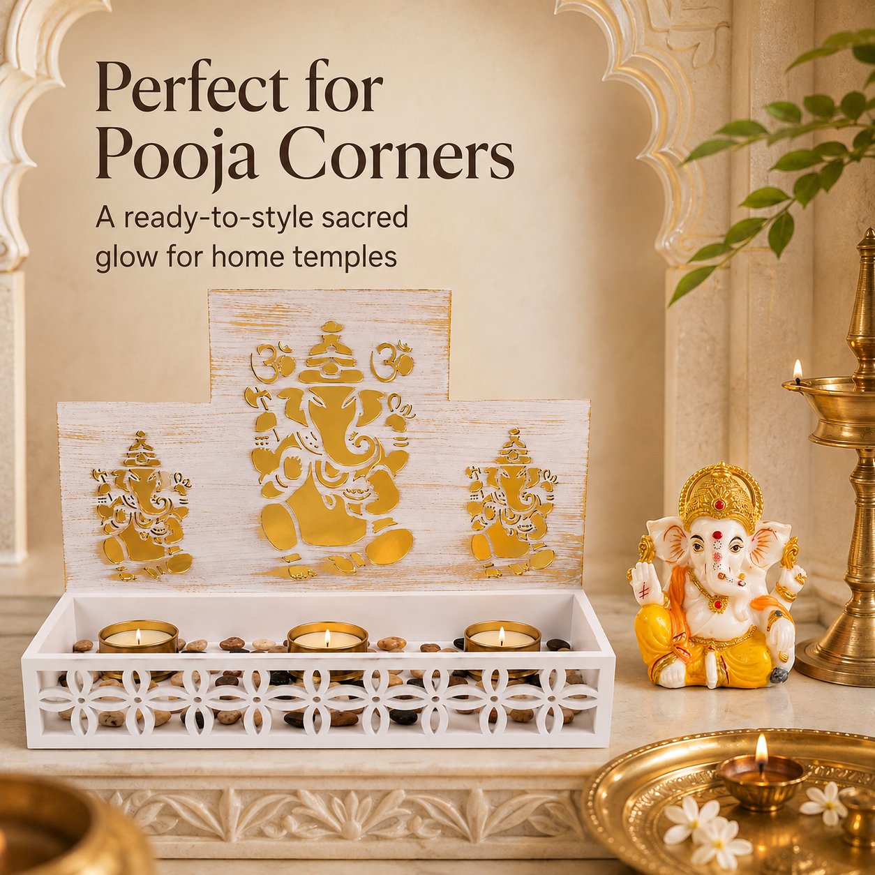 DEVOTION Ganesha Tealight Mandir Set for Home Decor, Extra Large Decorative Pooja Display for Pooja Room, Home Temple, Living Room, Office Desk, Entryway Shelf, Housewarming, Diwali, Pack of 1