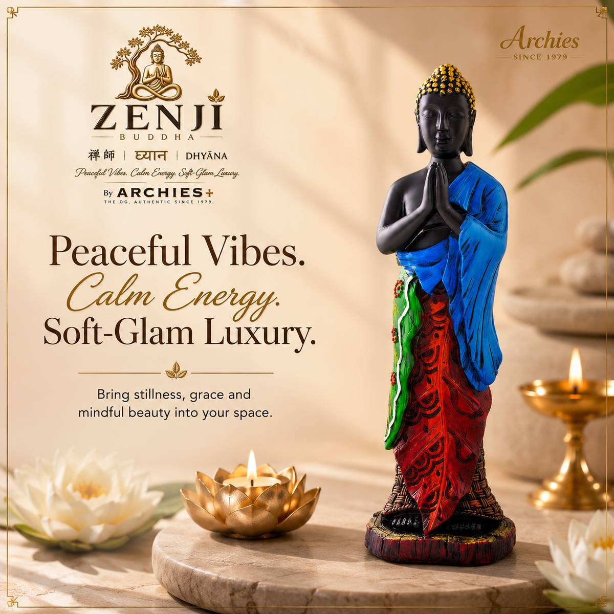 ZENJI Meditating Buddha Statue for Home Decor, Large Decorative Showpiece for Living Room, Office Desk, Meditation Corner, Entryway Console, Shelf Display, Housewarming, Diwali, Pack of 1