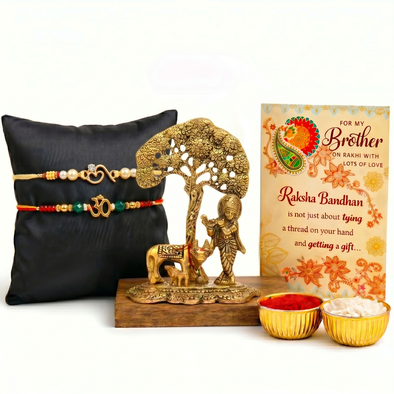 Archies 2 Devotional Rakhi Set for Brother with Special Archies Greeting Card + Krishna and Kamdhenu Showpiece - Rakhi Hamper for Brother, Bro, Bhaiya, Bhai | Rakhi Gift for Brother
