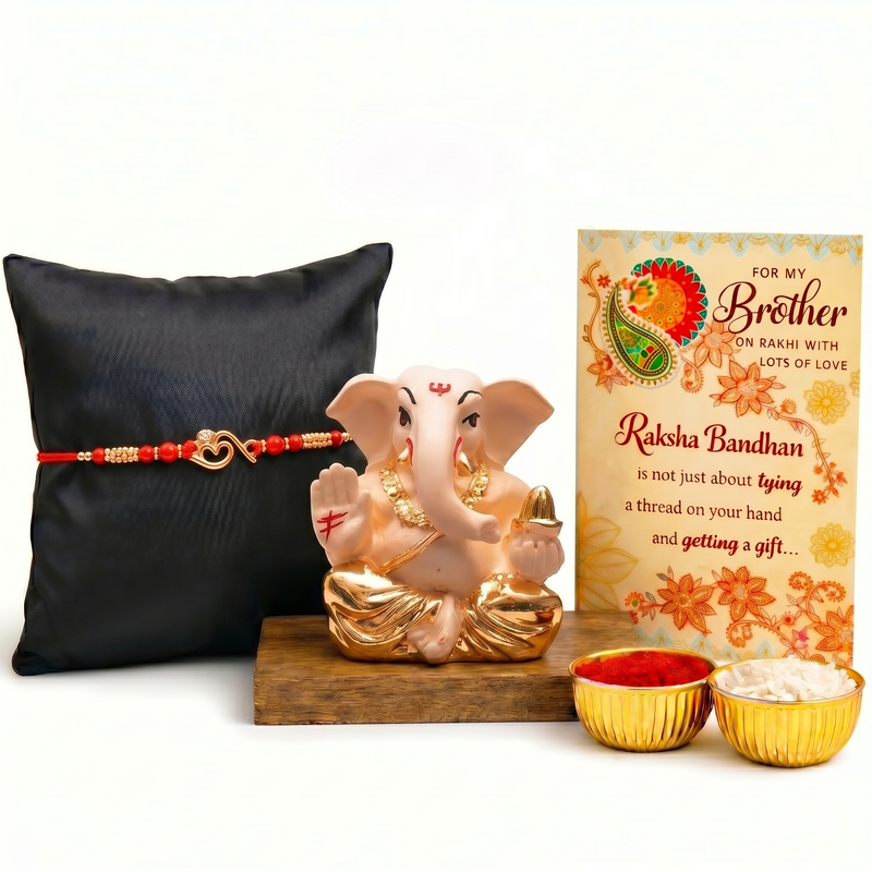 Archies 1 Auspicious Rakhi Set for Brother with Special Archies Greeting Card + Ganesha Showpiece - Rakhi Hamper for Brother, Bro, Bhaiya, Bhai | Rakhi Gift for Brother