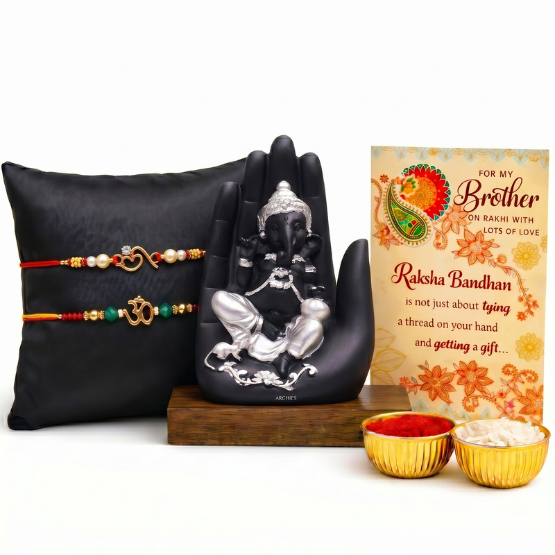 Archies 2 Elegant Rakhi Set for Brother with Special Archies Greeting Card + Ganesha Showpiece - Rakhi Hamper for Brother, Bro, Bhaiya, Bhai | Rakhi Gift for Brother