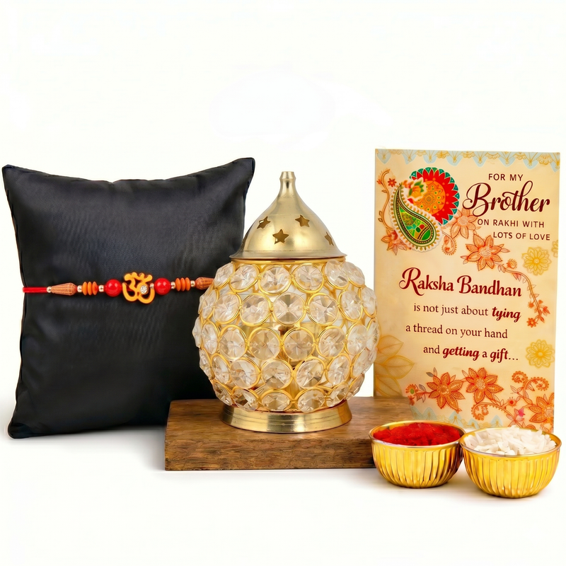 Archies Traditional Rakhi Set for Brother with Special Archies Greeting Card + Crystal Akhand Diya Lamp Set - Rakhi Hamper for Brother, Bro, Bhaiya, Bhai | Rakhi Gift for Brother