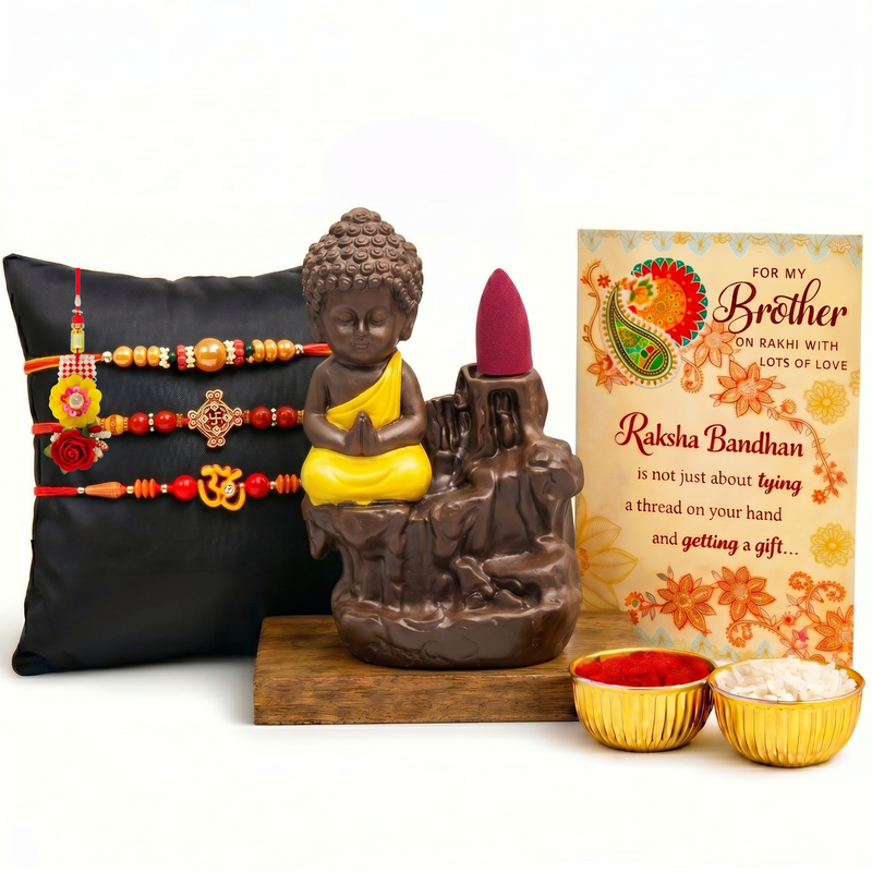 Archies 3 Spiritual Rakhi Set for Brother and Bhabhi with Special Archies Greeting Card + Buddha Smoke Fountain - Rakhi Hamper for Bhaiya Bhabhi, Bhabhi, Sister-in-Law | Rakhi Gift for Brother and Bhabhi