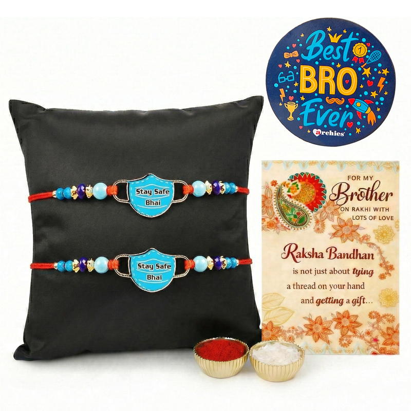Archies 2 Caring Rakhi Set for Brother with Special Archies Greeting Card + Raksha Bandhan Sister Reminder Fridge Magnet - Rakhi Hamper for Brother, Bro, Bhaiya, Bhai | Rakhi Gift for Brother