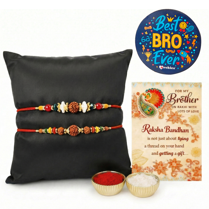 Archies 2 Rudraksh Rakhi Set for Brother with Special Archies Greeting Card + Raksha Bandhan Sister Reminder Fridge Magnet - Rakhi Hamper for Brother, Bro, Bhaiya, Bhai | Rakhi Gift for Brother